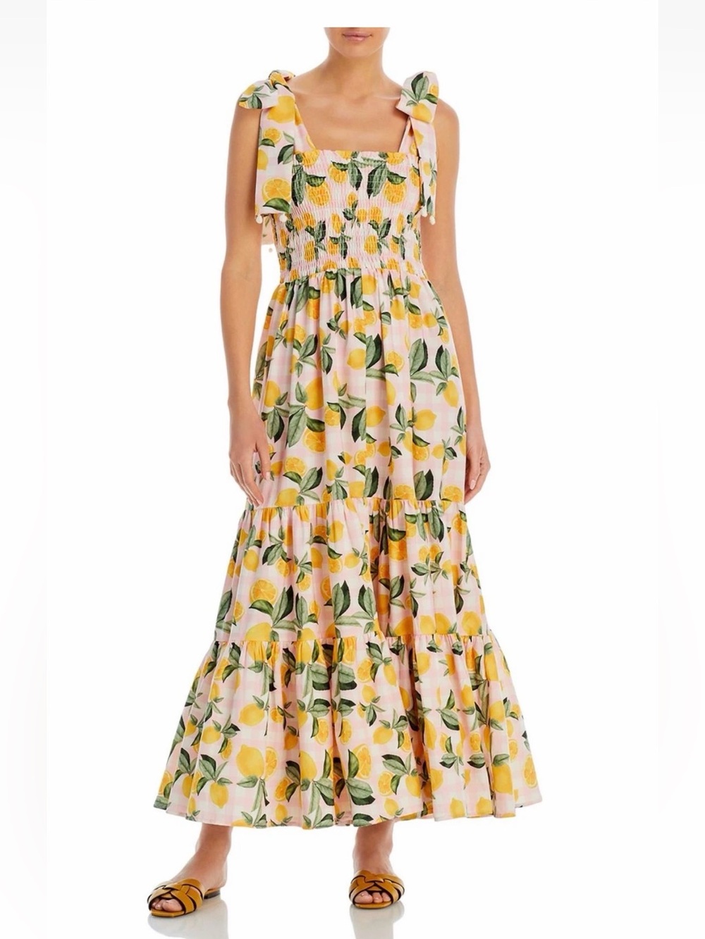 Capittana Womens Evita Lemon Vichy Yellow size M/L  Tie-Shoulder Maxi Dress